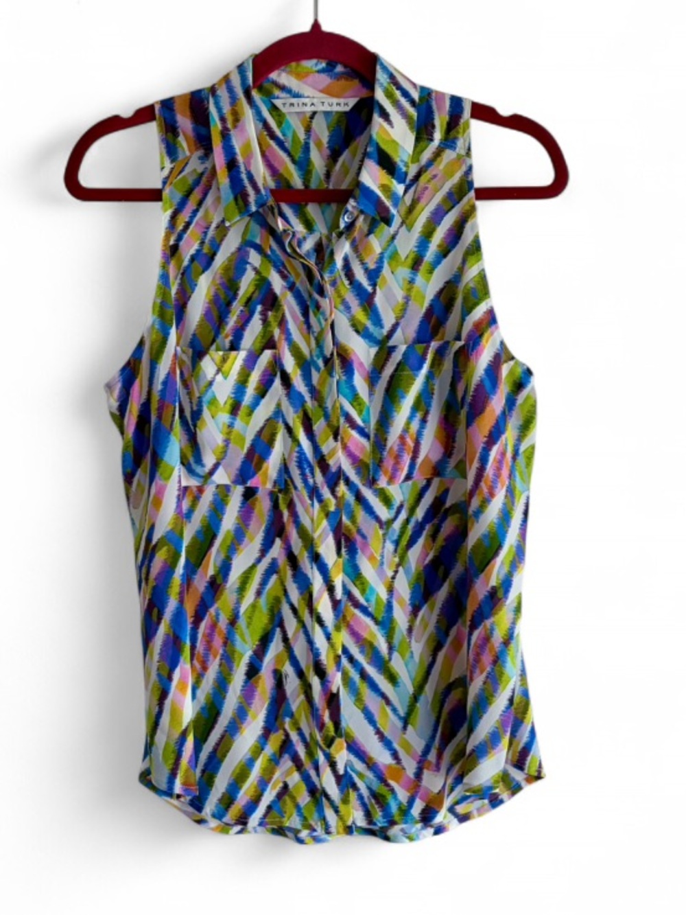 Trina Turk 100% Silk Abstract Stripe Sleeveless Button Down Shirt Size M/L